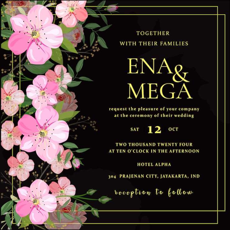 Invitación de boda con hermosas flores hojas