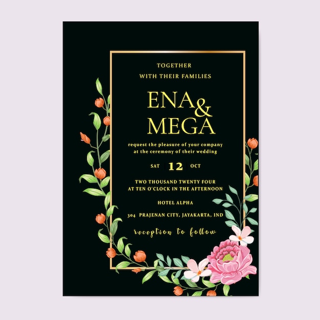 Invitación de boda con hermosas flores hojas