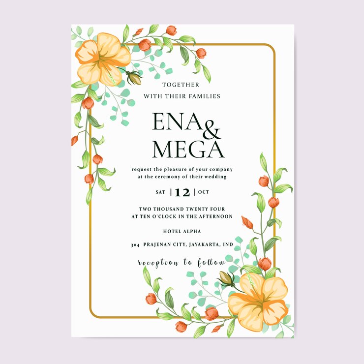 Invitación de boda con hermosas flores hojas