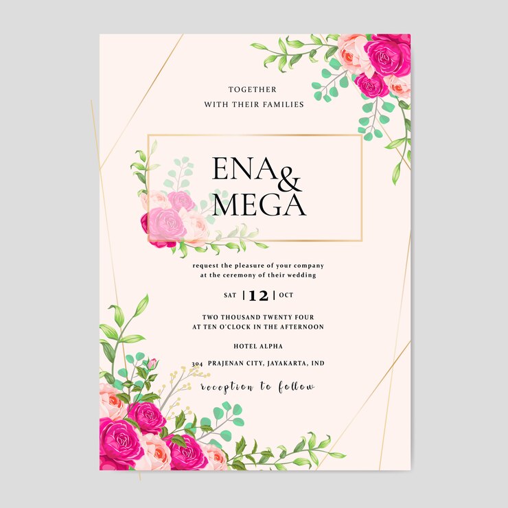 Invitación de boda con hermosas flores hojas