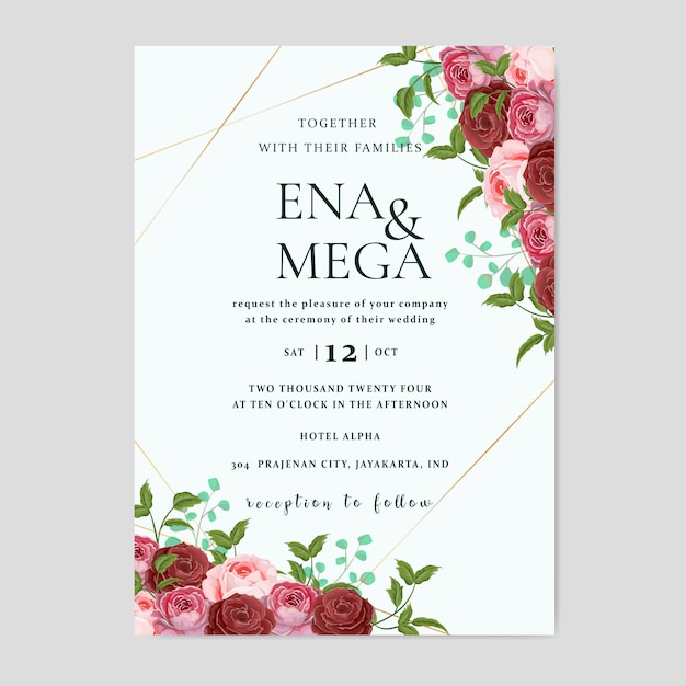 Invitación de boda con hermosas flores hojas