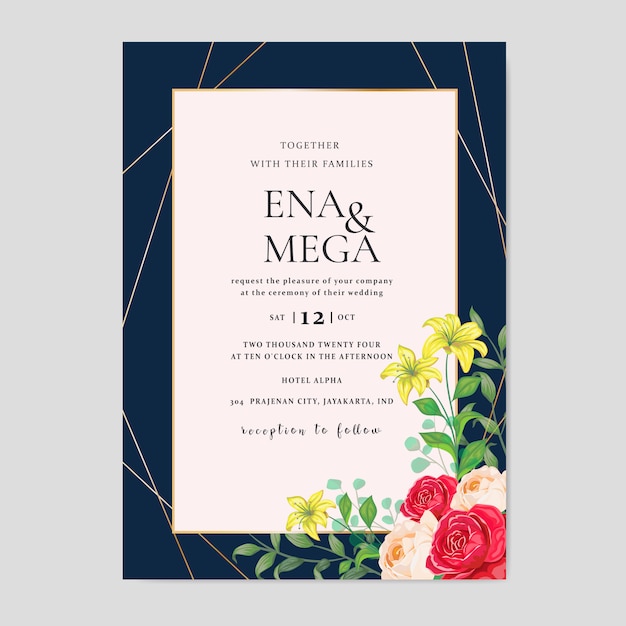 Invitación de boda con hermosas flores hojas