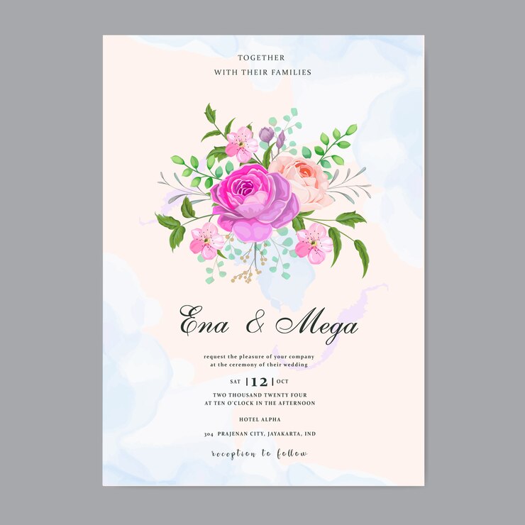 Invitación de boda con hermosas flores hojas