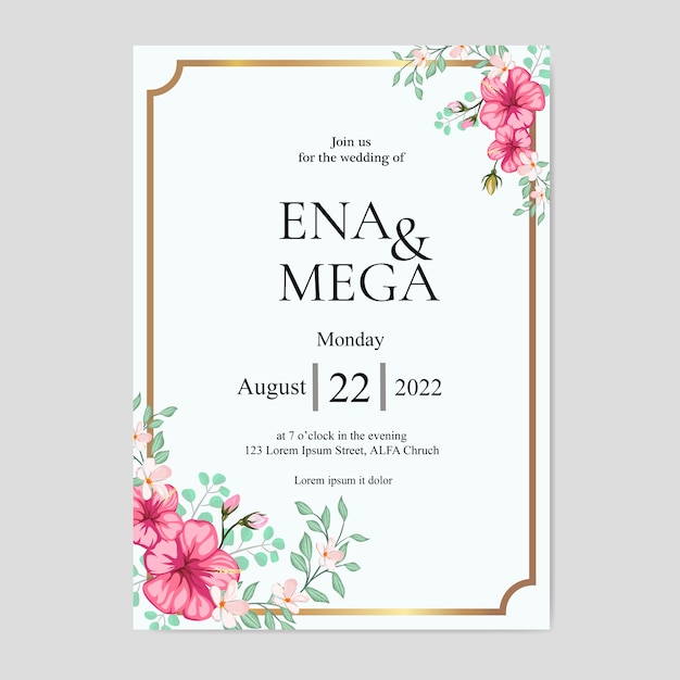 Invitación de boda con hermosas flores rosas hojas