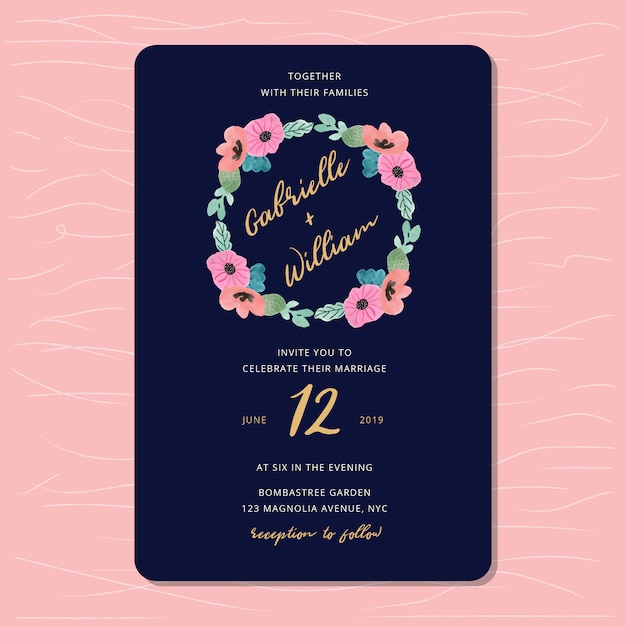 Vector invitación de boda con hermoso marco floral