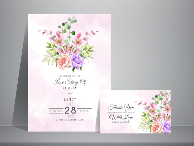 Invitación de boda con hermoso ramo de flores y hojas de acuarela