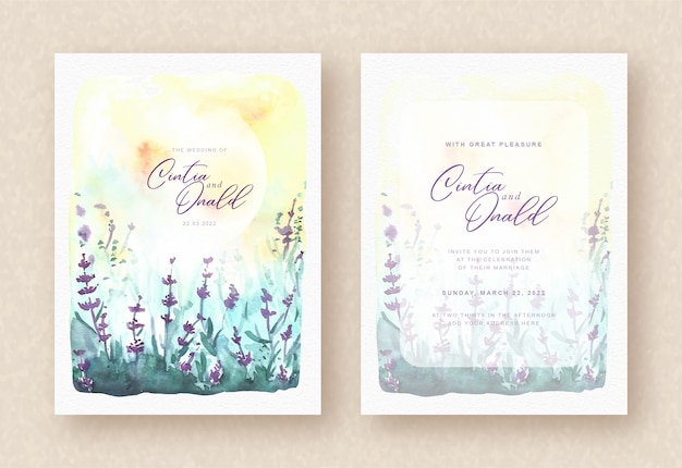 Invitación de boda con hermosos paisajes de flores púrpuras