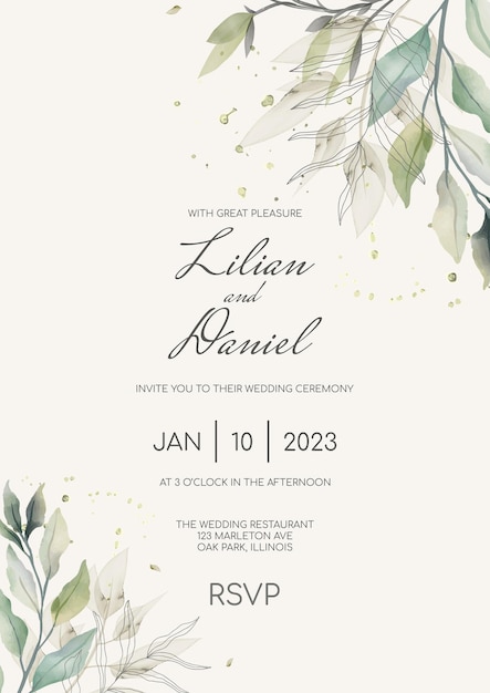 Invitación de boda de hoja verde rústica plantilla vectorial