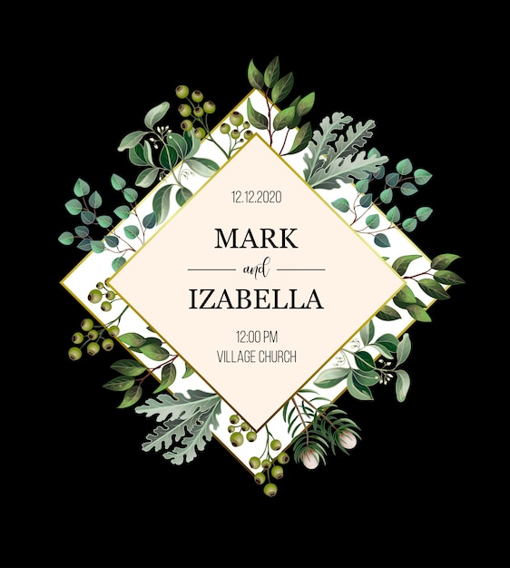 Invitación de boda con hojas suculentas y elementos dorados en estilo acuarela Eucalyptus magnolia helecho y otra ilustración vectorial