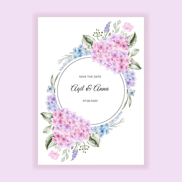 Vector invitación de boda con hortensia rosa azul acuarela