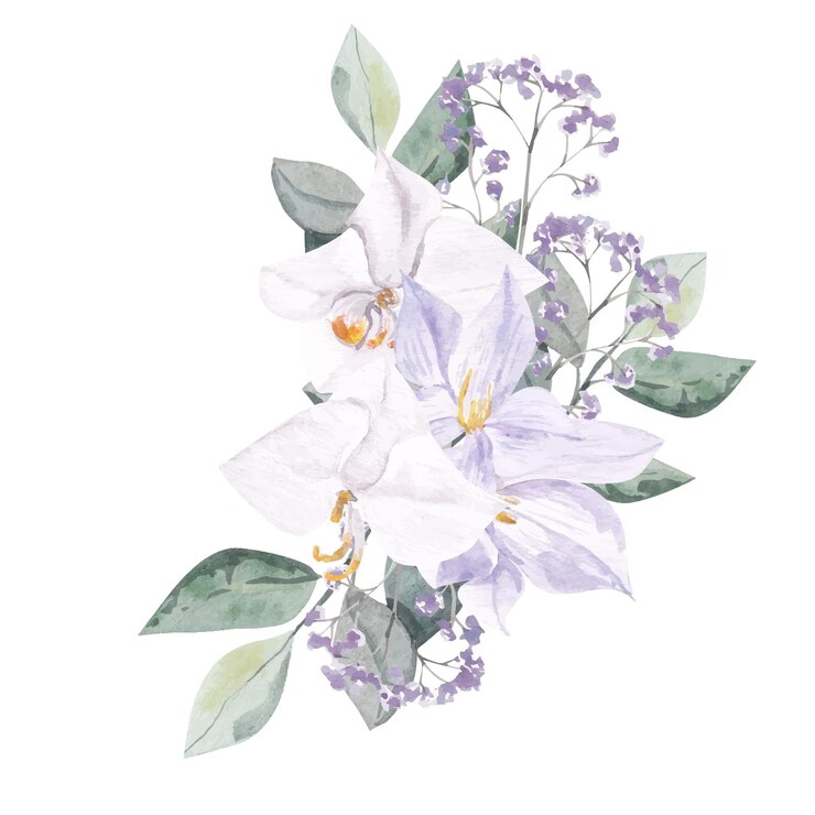 Invitación de boda de ilustración acuarela de ramo floral violeta con flor boho dibujada a mano, orquídea