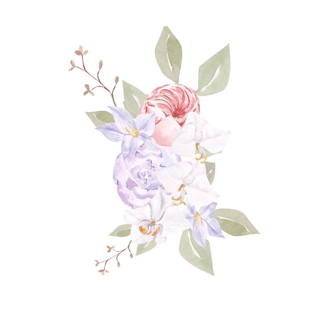 Invitación de boda de ilustración acuarela de ramo floral violeta con flor boho dibujada a mano, orquídea