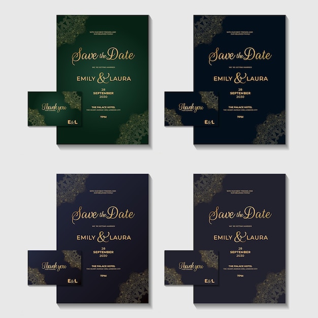 invitación de boda ilustrada elegante lujo tarjeta real conjunto oriental colección mega paquete elementos dorados diseño geométrico con variaciones de color plantilla de tarjeta volante