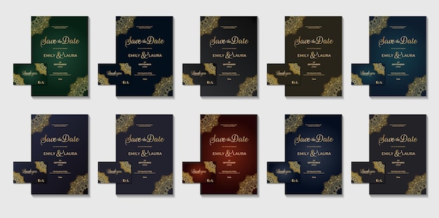 Invitación de boda ilustrada elegante tarjeta real de lujo colección de conjunto oriental mega paquete elementos dorados diseño geométrico con variaciones de color plantilla de tarjeta de volante