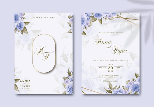 invitación de boda de línea dorada geométrica con ramo de flores azul vector premium de acuarela