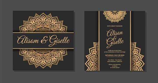 Invitación de boda de lujo con diseño de mandala dorado