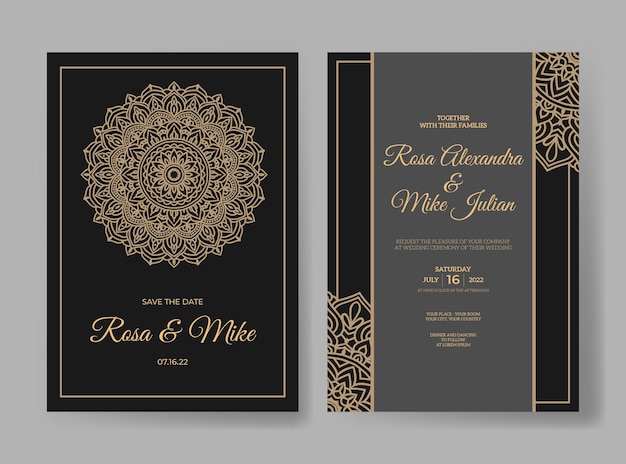 Invitación de boda de lujo con diseño de mandala dorado
