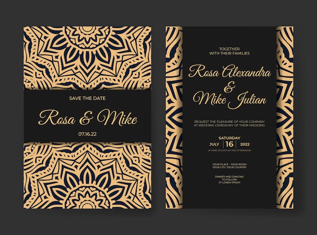 Invitación de boda de lujo elegante con decoración de adorno de mandala