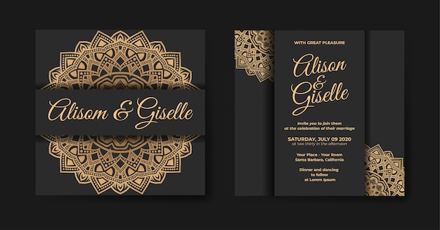 Invitación de boda de lujo elegante con diseño de mandala