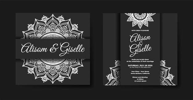 Vector invitación de boda de lujo elegante con plantilla de mandala