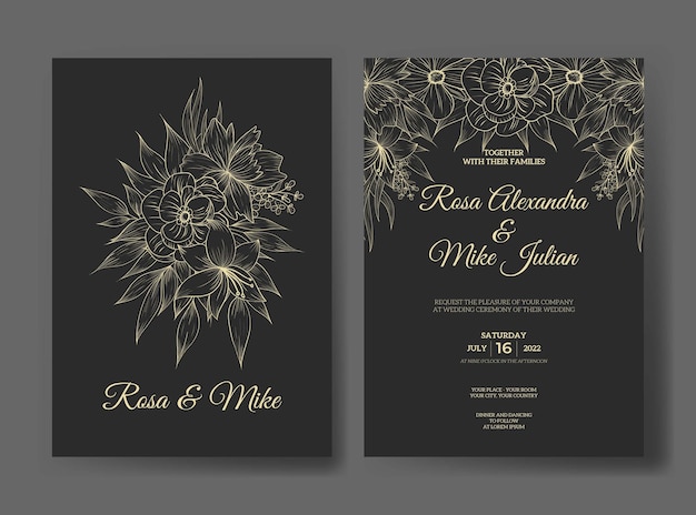 Invitación de boda de lujo con hermosa plantilla de flor de arte lineal