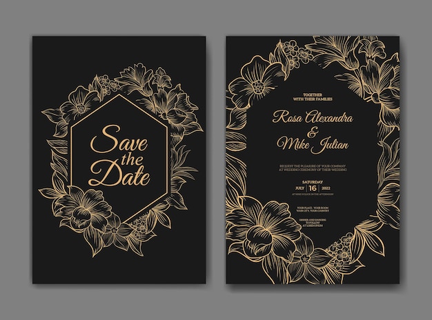 Invitación de boda de lujo con hermosa plantilla de flor de arte lineal