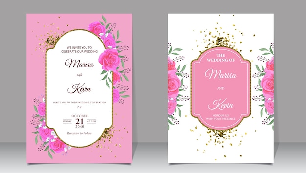 Invitación de boda de lujo de rosas rosadas y brillo dorado.