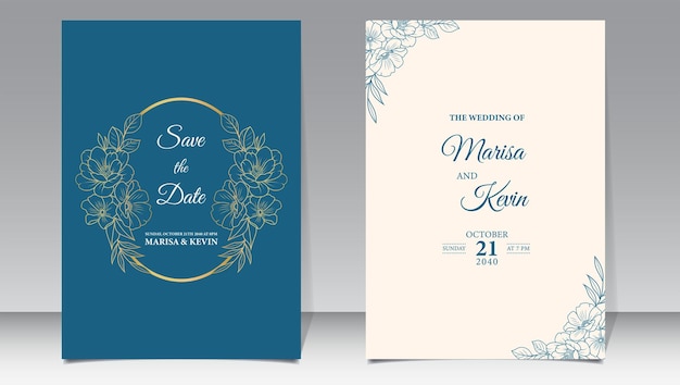 Invitación de boda de lujo con vector premium floral minimalista de estilo de línea dorada