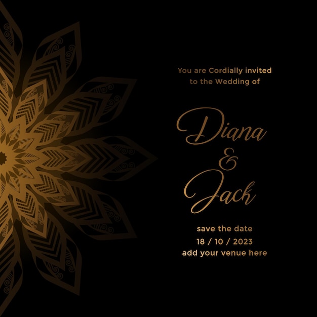 Invitación de boda lujosa abstracta en fondo de diseño de vector de arte de estilo mandala dorado