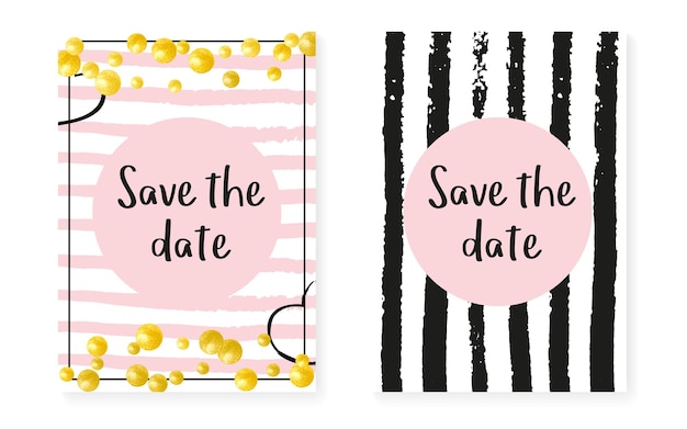 Invitación de boda con lunares y lentejuelas. Tarjetas de despedida de soltera con confeti dorado brillante. Fondo de rayas verticales. Invitación de boda vintage para fiesta, evento, guardar el volante de fecha.