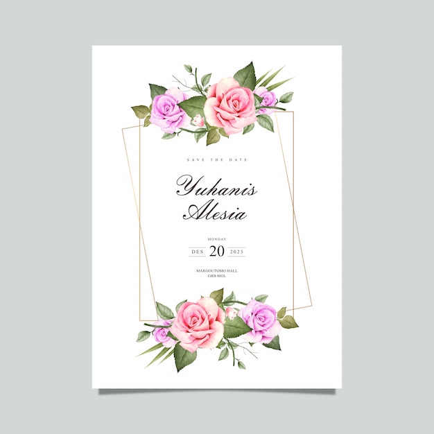 Invitación de boda con marco floral de acuarela.