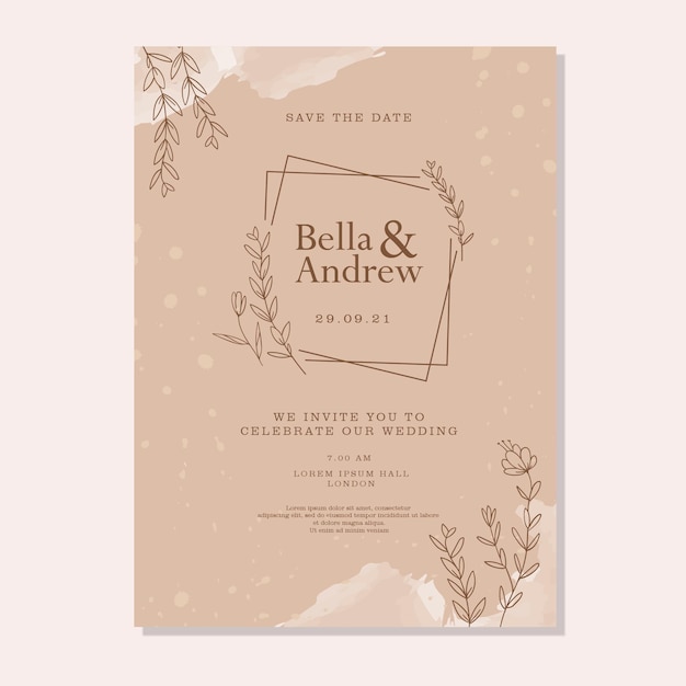 Invitación de boda marrón floral dibujada a mano elegante