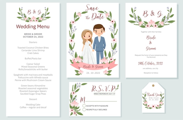 Invitación de boda, menú, rsvp, etiqueta de agradecimiento guardar el diseño de la tarjeta de fecha