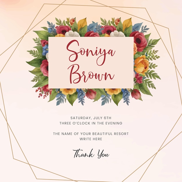Invitación de boda mínima plantilla de publicación en redes sociales con marco floral hojas dibujadas a mano