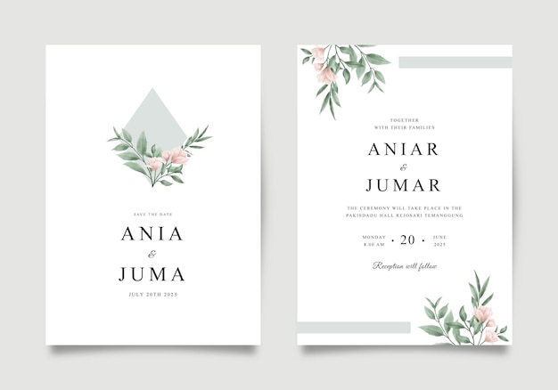 Invitación de boda minimalista con flores y hojas.