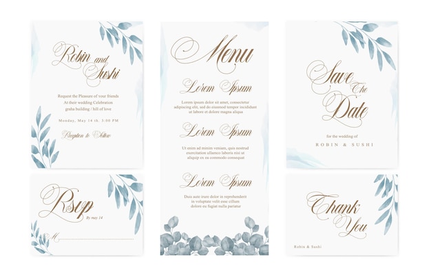 Vector invitación de boda minimalista con hojas de acuarela