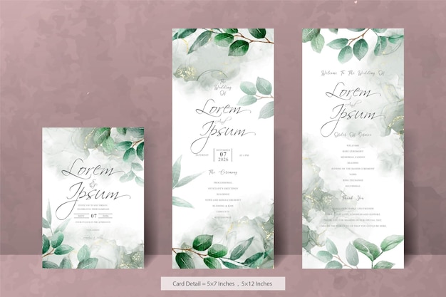 Vector invitación de boda minimalista con verde floral y elegante fondo de acuarela