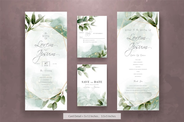 Vector invitación de boda minimalista con verde floral y elegante fondo de acuarela