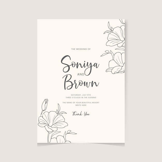 Invitación de boda moderna con hermosos adornos florales de arte de línea