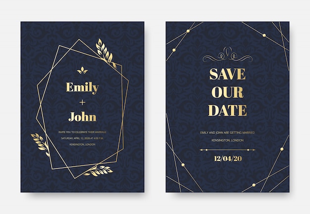 Invitación de boda moderna. Tarjeta de invitación elegante, patrón de ornamento de ramitas florales de damasco vintage y conjunto de marco de etiqueta premium