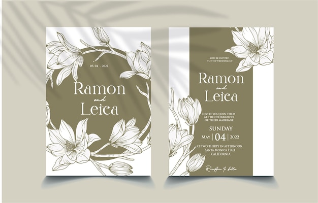 Invitación de boda monocromática elegante con contorno de flor de magnolia dibujada a mano