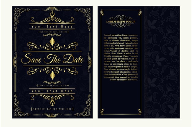 Una invitación de boda negra y dorada con letras doradas.