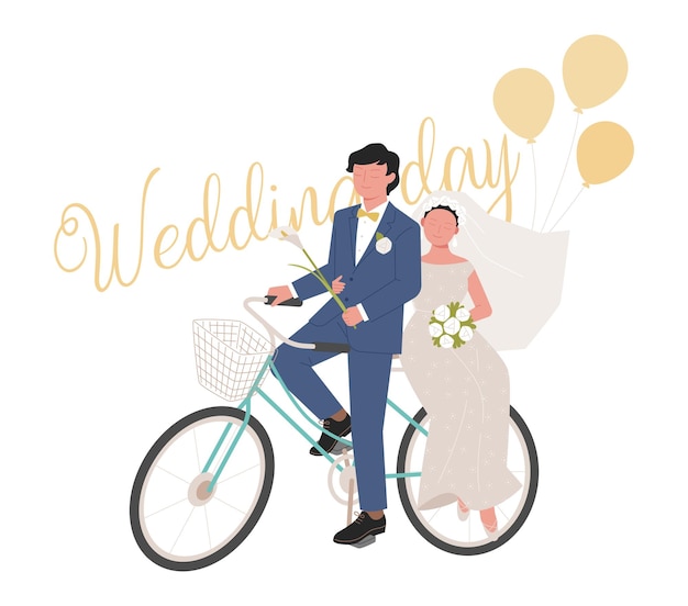 Invitación de boda la novia y el novio con vestidos de novia montando en bicicleta