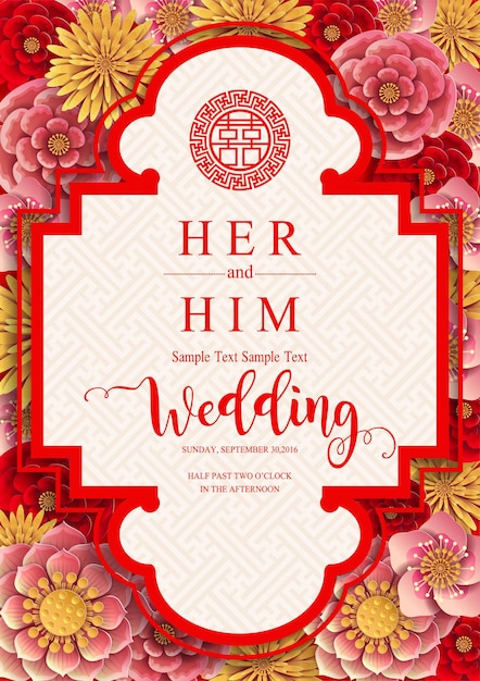 Invitación de boda oriental china, plantillas de tarjetas de menú con hermosos estampados en papel de color de fondo.