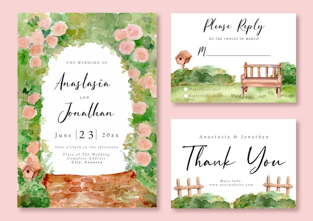 Vector invitación de boda con paisaje de acuarela de jardín romántico en primavera