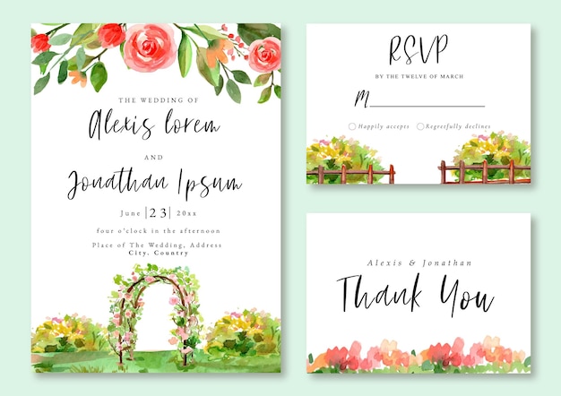 Vector invitación boda con paisaje acuarela verdes rosas románticas jardín rosa