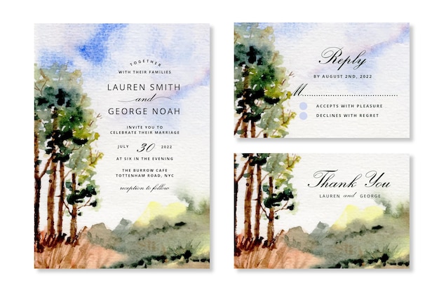 Invitación de boda con paisaje árboles acuarela