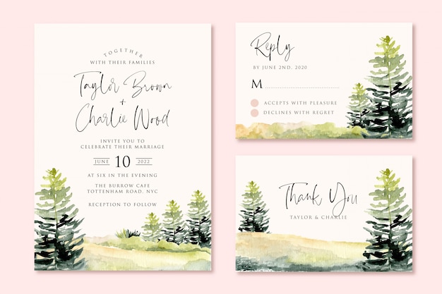 Vector invitación de boda con paisaje verde colina y árbol acuarela