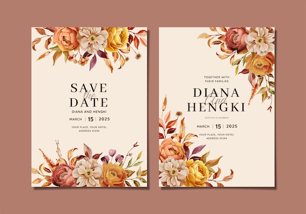 invitación de boda pintada a mano con cálidas flores de otoño