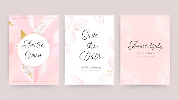 Vector invitación de boda y plantilla de diseño de tarjeta con hermosas plumas.